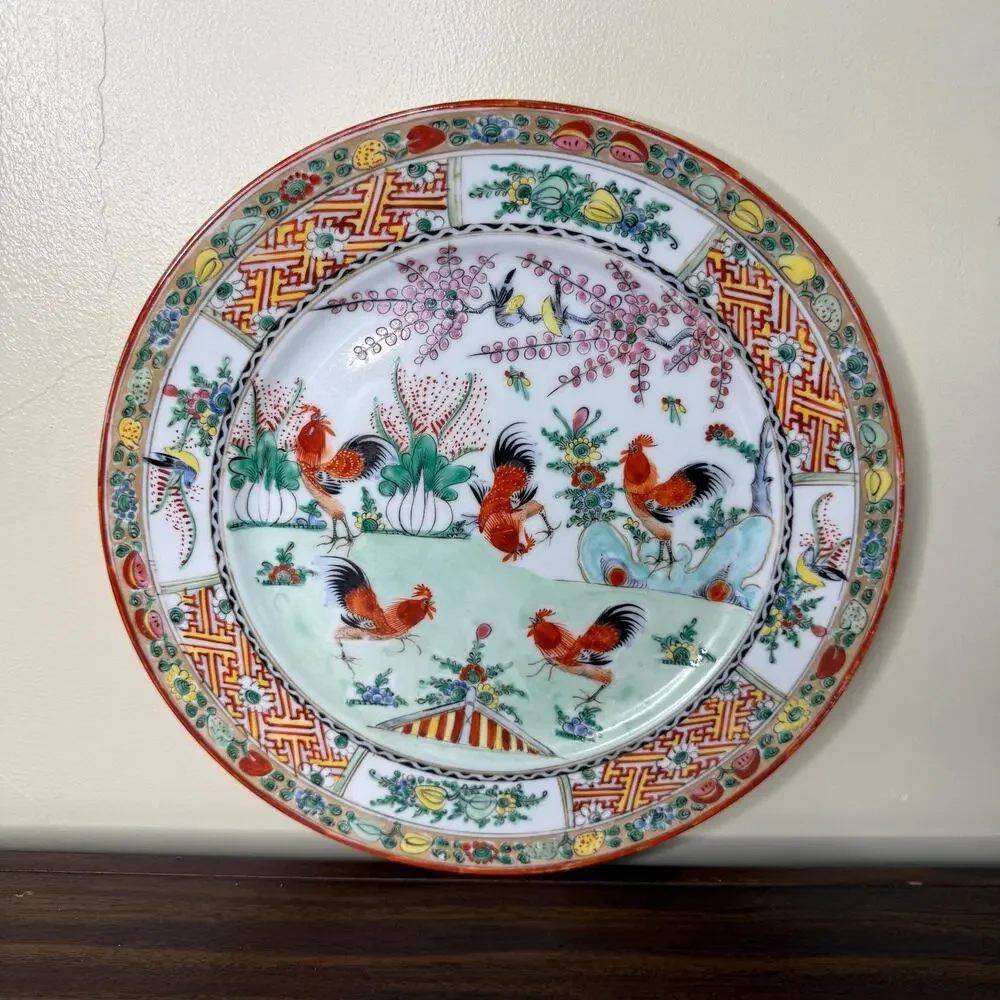 Vintage Familie Rose Porcelain Plate - Five Rooster Oriental Decor